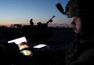 Servicemen from a Ukrainian anti-drone mobile air defence unit hold their positions in the Donetsk region